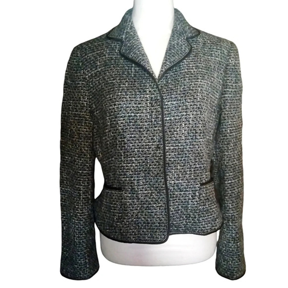 Elie Tahari Tweed Hidden Button Front Blazer Pockets Wool Blend Size Large - Picture 1 of 8